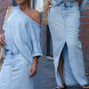 Icone™ FashionSet: Stilfull Off-Shoulder Topp Och Denimkjol