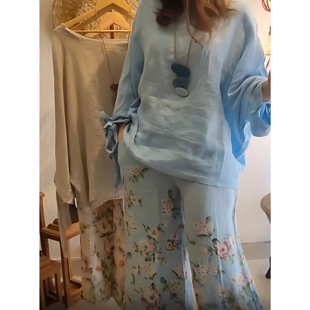 Icone™ LooseSe: Löst Långärmad Blus Och Blommiga Byxor För Kvinnor