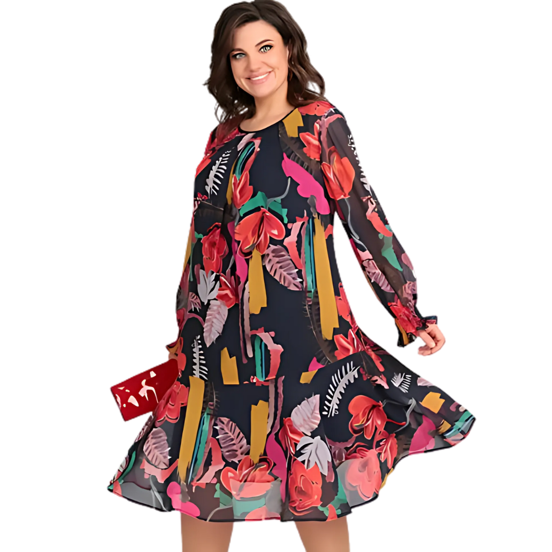 Icone™ FlowerDress: Långärmad, Löst Sittande Blommönster Klänning