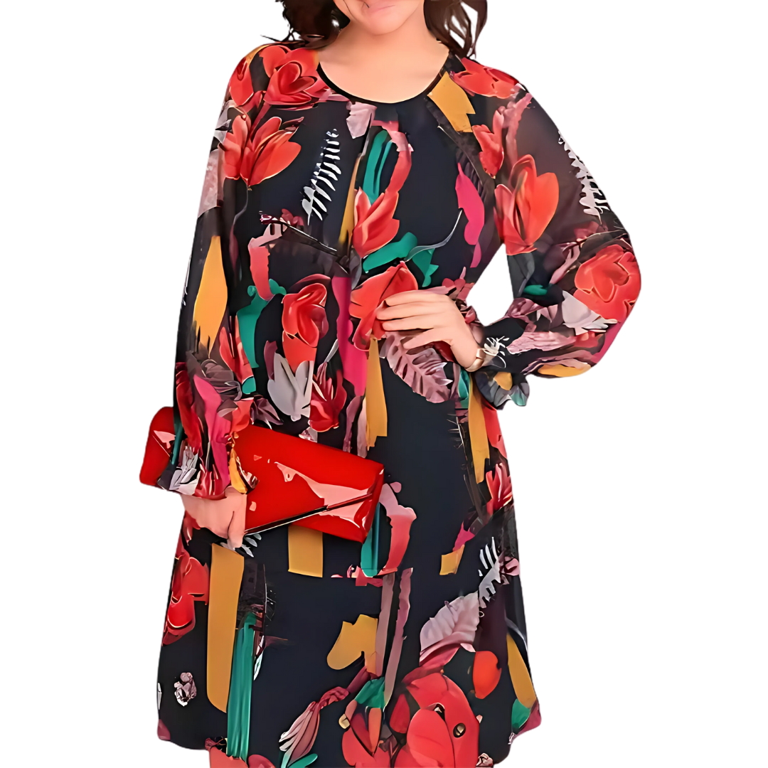 Icone™ FlowerDress: Långärmad, Löst Sittande Blommönster Klänning