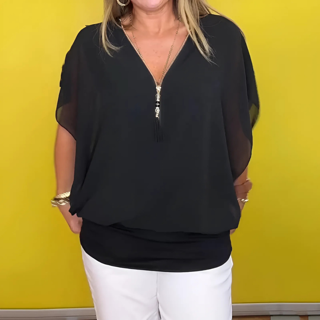 Icone™ LooseBlouse: Bekväm V-Ringad Hals Med Dragkedja Lös Blus För Kvinnor