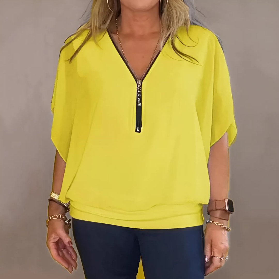 Icone™ LooseBlouse: Bekväm V-Ringad Hals Med Dragkedja Lös Blus För Kvinnor
