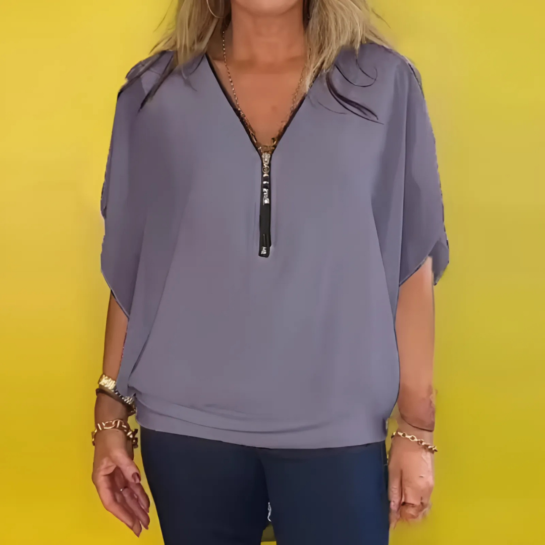 Icone™ LooseBlouse: Bekväm V-Ringad Hals Med Dragkedja Lös Blus För Kvinnor