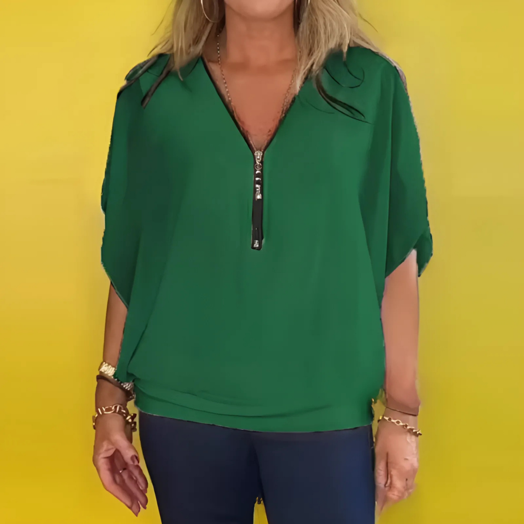 Icone™ LooseBlouse: Bekväm V-Ringad Hals Med Dragkedja Lös Blus För Kvinnor