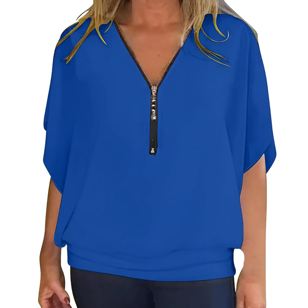 Icone™ LooseBlouse: Bekväm V-Ringad Hals Med Dragkedja Lös Blus För Kvinnor