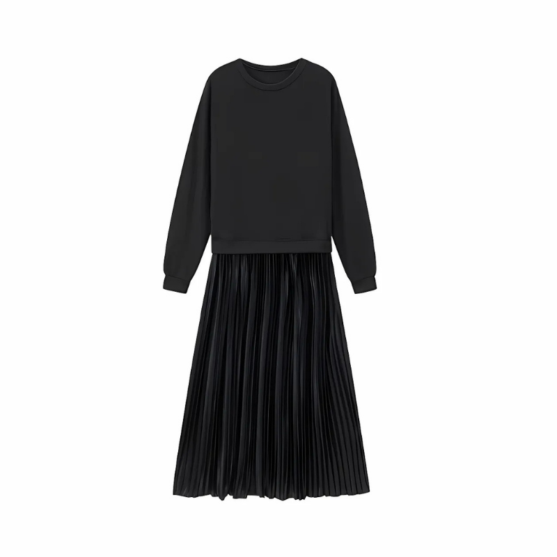 Icone™ PleatedDress: Långärmad Topp Med Elegant Plisserad Nederkant Klänning