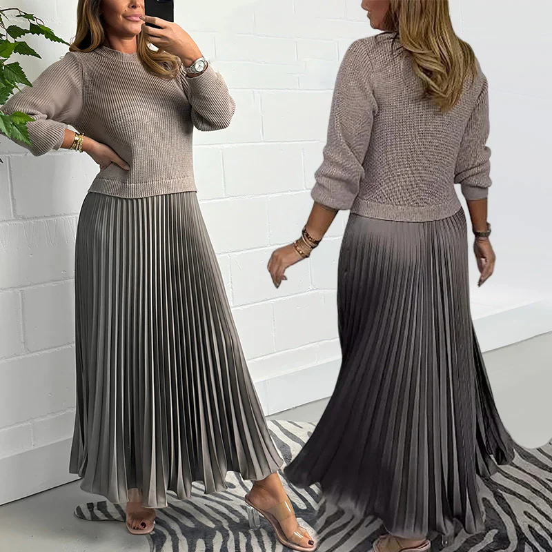 Icone™ PleatedDress: Långärmad Topp Med Elegant Plisserad Nederkant Klänning