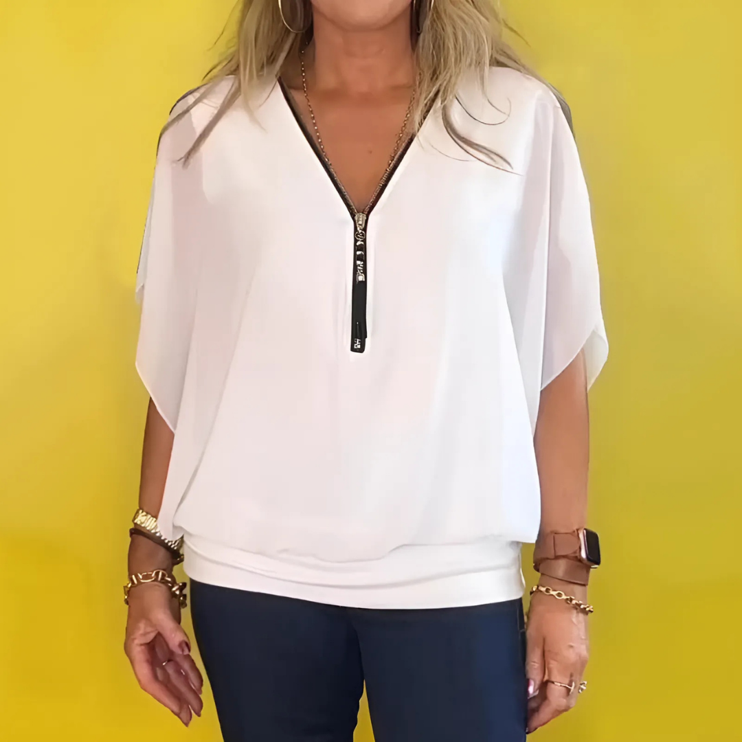 Icone™ LooseBlouse: Bekväm V-Ringad Hals Med Dragkedja Lös Blus För Kvinnor