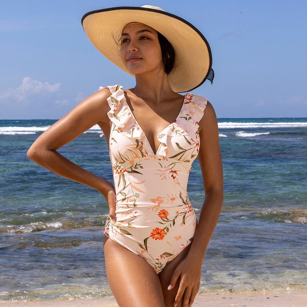 Icone™ ElegantSwimsuit: Elegant Plisserad Design Med V-Ringning Magkontroll Baddräkt