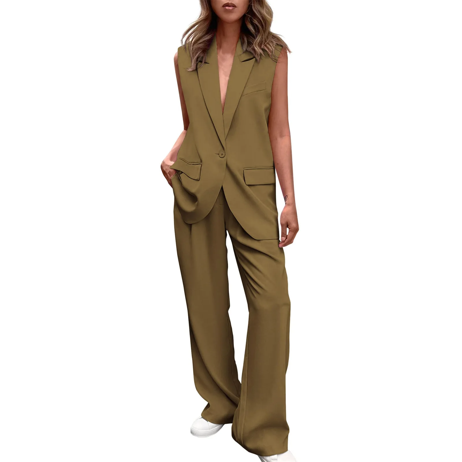 Icone™ BlazerSet: Dam Chic Ärmlös Blazer Och Byxor Set