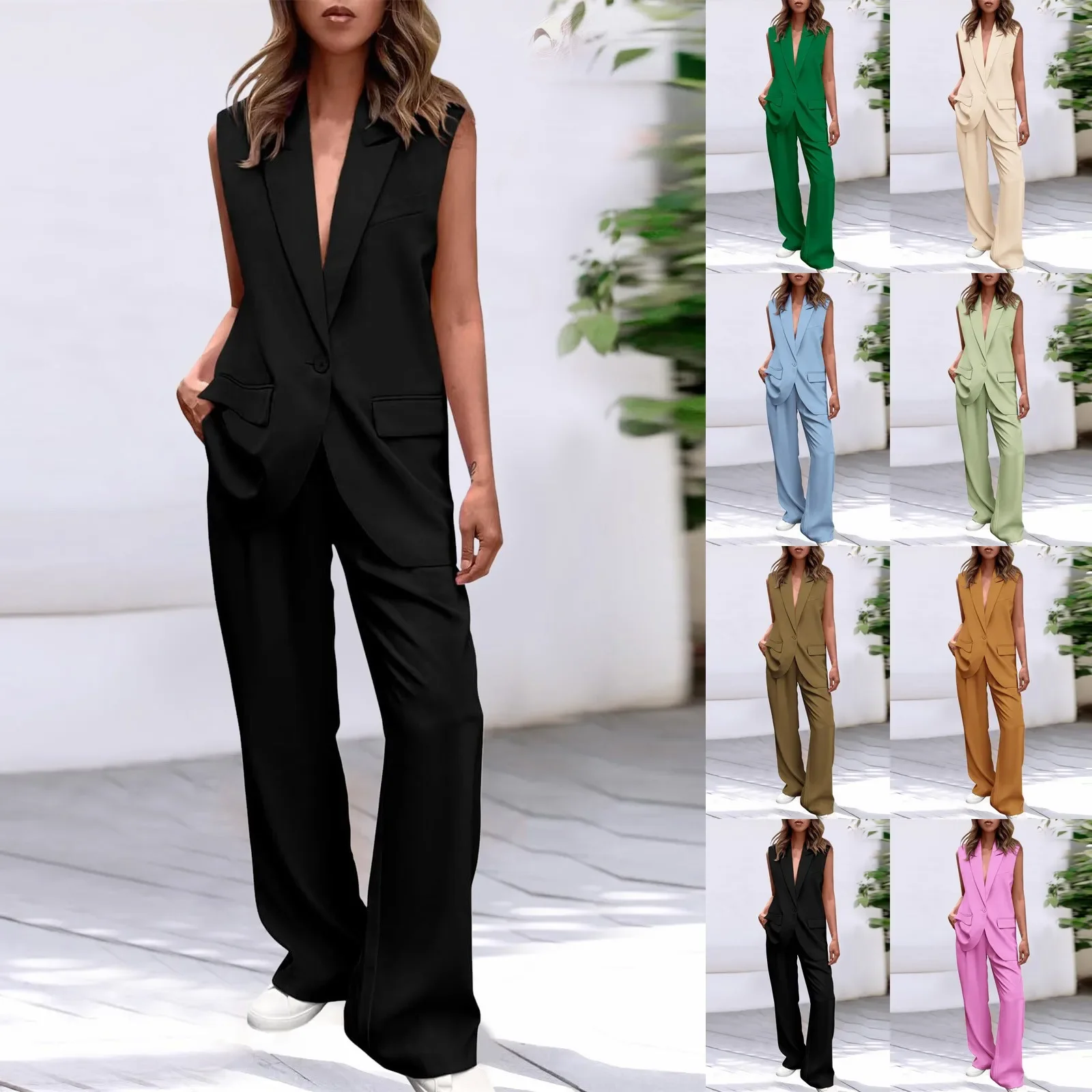 Icone™ BlazerSet: Dam Chic Ärmlös Blazer Och Byxor Set