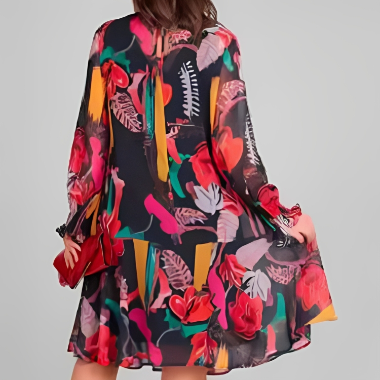 Icone™ FlowerDress: Långärmad, Löst Sittande Blommönster Klänning