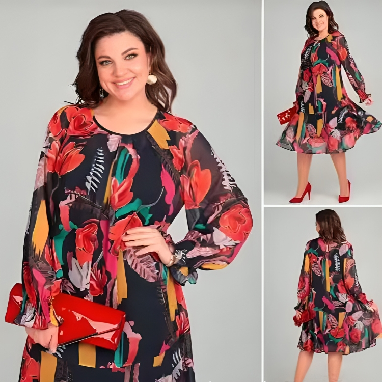 Icone™ FlowerDress: Långärmad, Löst Sittande Blommönster Klänning