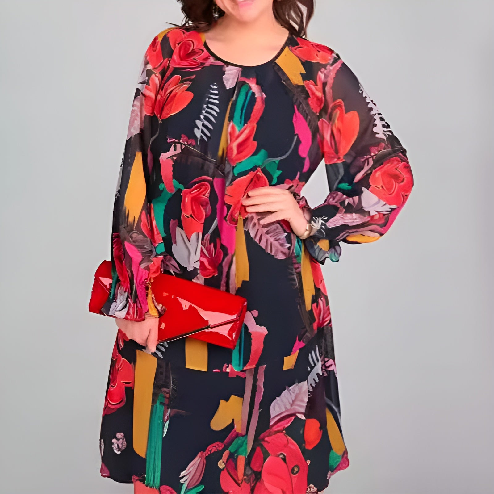 Icone™ FlowerDress: Långärmad, Löst Sittande Blommönster Klänning
