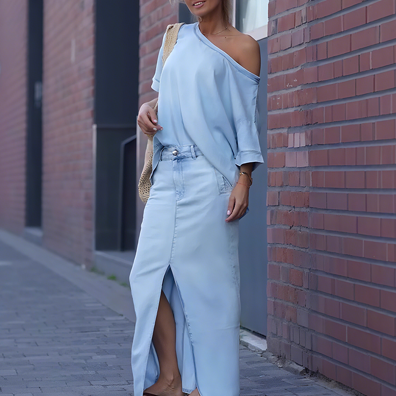 Icone™ FashionSet: Stilfull Off-Shoulder Topp Och Denimkjol