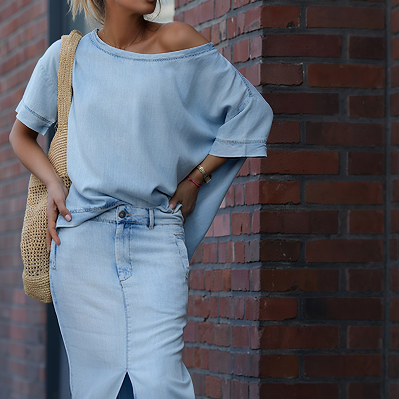 Icone™ FashionSet: Stilfull Off-Shoulder Topp Och Denimkjol