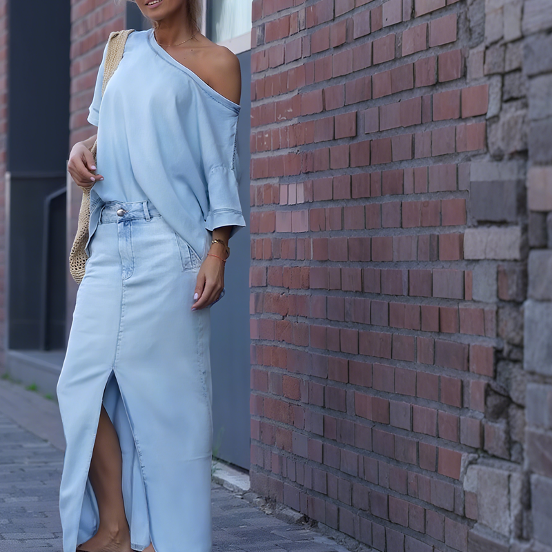 Icone™ FashionSet: Stilfull Off-Shoulder Topp Och Denimkjol
